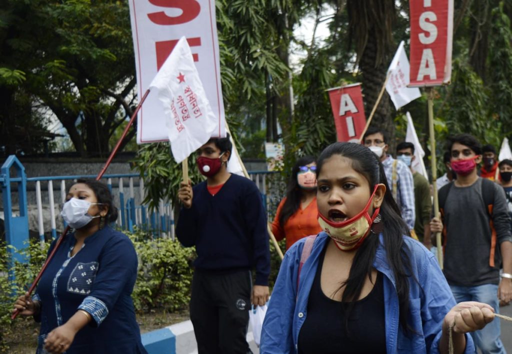 Members of SFI and AISA union of Jadavpur University took part in a rally from Jadavpur University against the Central Government and in support of 26th Nov, All India General Strike in Kolkata on Nov 24, 2020.