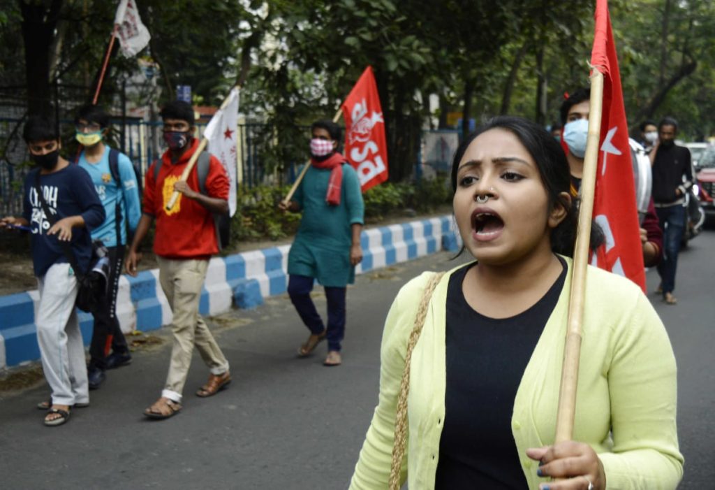 Members of SFI and AISA union of Jadavpur University took part in a rally from Jadavpur University against the Central Government and in support of 26th Nov, All India General Strike in Kolkata on Nov 24, 2020.