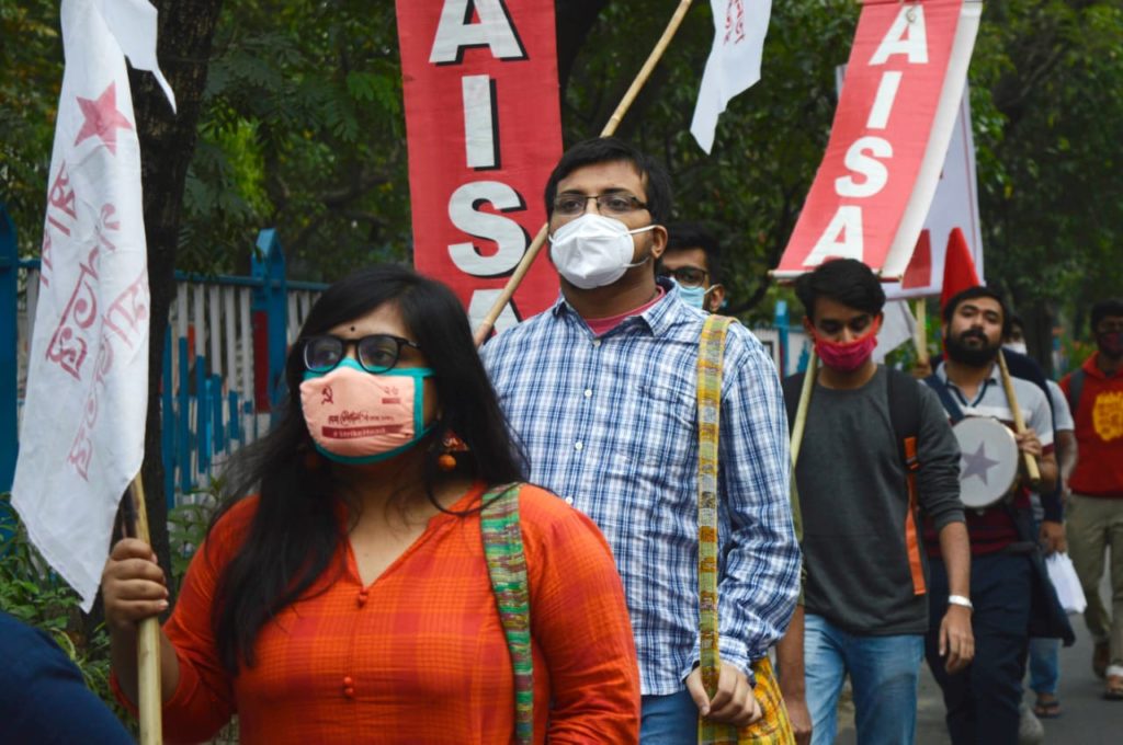 Members of SFI and AISA union of Jadavpur University took part in a rally from Jadavpur University against the Central Government and in support of 26th Nov, All India General Strike in Kolkata on Nov 24, 2020.