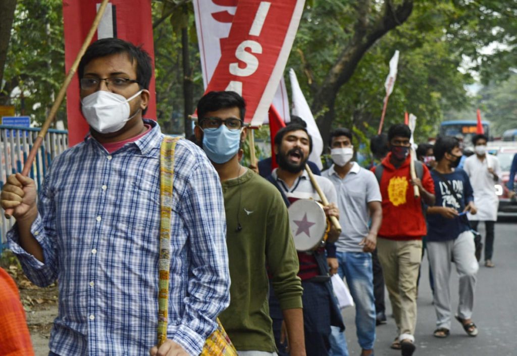 Members of SFI and AISA union of Jadavpur University took part in a rally from Jadavpur University against the Central Government and in support of 26th Nov, All India General Strike in Kolkata on Nov 24, 2020.